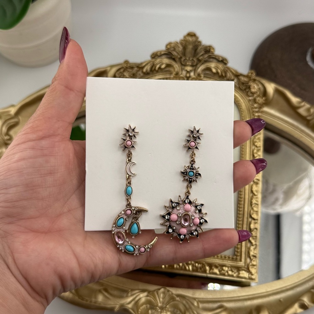 Asymmetric Moon & Sun Drop Earrings – Pink & Turquoise Crystals - Picture 6 of 7